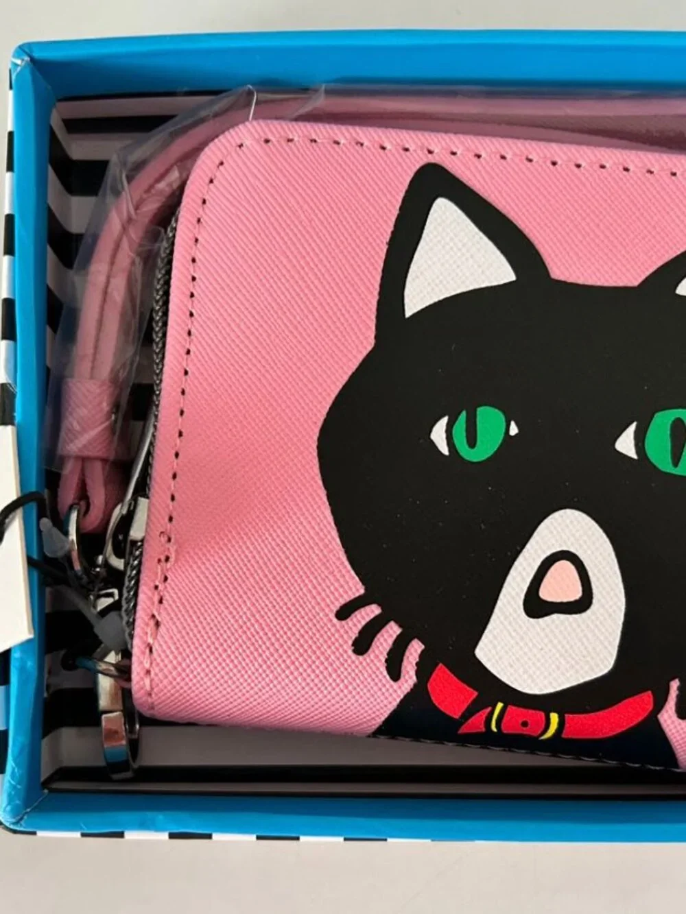 Marc Tetro Small Zip Around Wristlet Wallet Pink with Cat Illustration